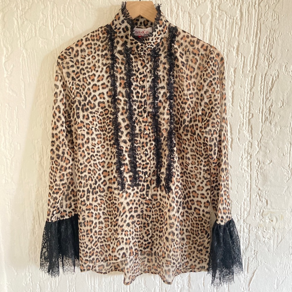 Touch Of Cyn Cheetah Animal Print Long Sleeve Sheer Blouse Size Small